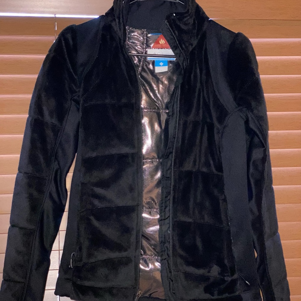 Black, furry, Columbia jacket.